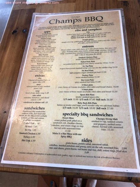 Champs bbq - View the Menu of Champs BBQ in 10486 US Highway 231, Wetumpka, AL. Share it with friends or find your next meal. Barbecue Restaurant 